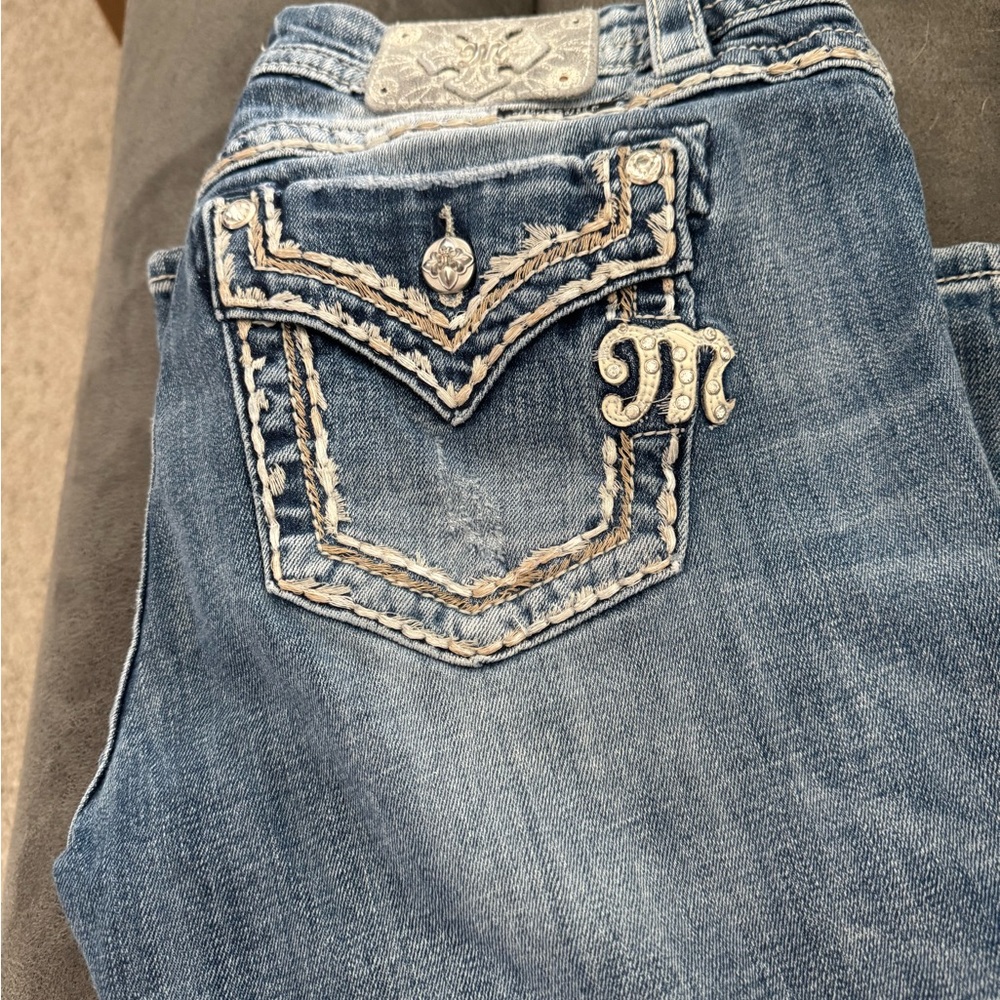 Miss Me Distressed Blue Jeans with Embellished Pocket